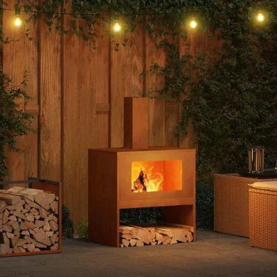 Image de Poêle d'extérieur - Poêle de terrasse - Métal brun - 60x40x96 cm - Convient pour le bois et le gaz