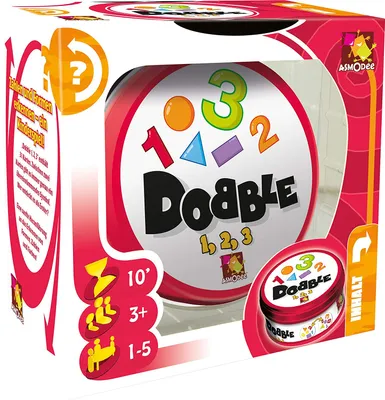 A product shot of the board game Dobble 1,2,3 in its packaging.
