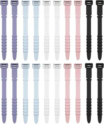 Produktbild von Silikon-Kabelbinder-Set, herstellbare Kabelbinder, 20 Stück, Elastische Kabel-Organizer für Heim- und Büro-Verwaltung, 4,5 Zoll, in Weiß, Schwarz, Rosa, Lila und Blau.