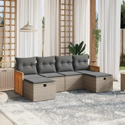 Produktbild von Design 6-tlg. Garten-Sofagarnitur mit Kissen Grau Poly Rattan, Gartenmöbel-Sets 2024 Neu