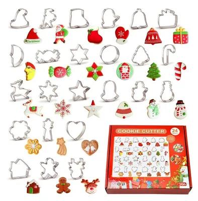 Immagine prodotto di Set di formine per biscotti natalizi, 24 pezzi, in acciaio inossidabile. Include forme diverse come omini di pan di zenzero, alberi di Natale e fiocchi di neve