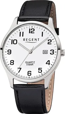 A close-up studio shot of a men's analog wristwatch with a white face and black leather strap.