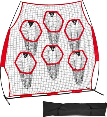 Obrázok produktu pre SucceBuy tréningová sieť na futbal (274 x 106 x 243 cm) so 6 vreckami na terče, prenosnou taškou na uloženie a popruhmi, tréningová pomôcka na zlepšenie presnosti prihrávky rozohrávača, červená farba