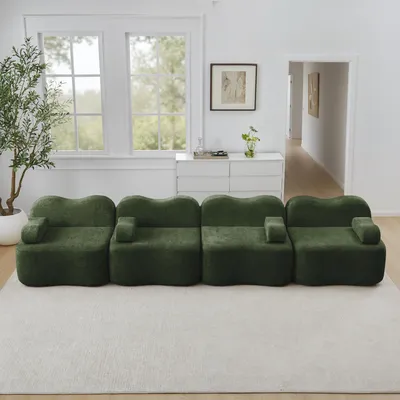 Produktbild von MODFU 4-Sitzer Sofa,Ecksofa mit Armlehnenkissen und Tiefe Sitzkissen,Zweisitzer Sofa mit Wellenform,ohne Ottoman,Schlafsofa mit Rahmenlose,Samt,Grün