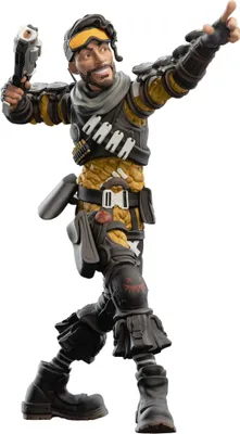 A full-body shot of a Mirage action figure from Apex Legends, posed as if throwing a grenade.