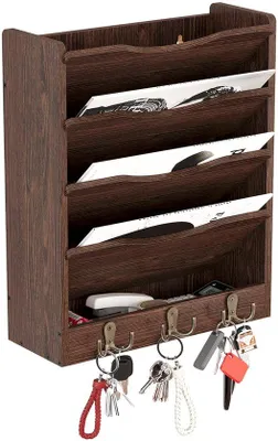 Productafbeelding van Houten postvak, wandplank met 5 lagen, houten plank met 6 haken, krantenhouder, sorteerbox voor documenten, boeken, kantoorbenodigdheden en ander papier, bruin