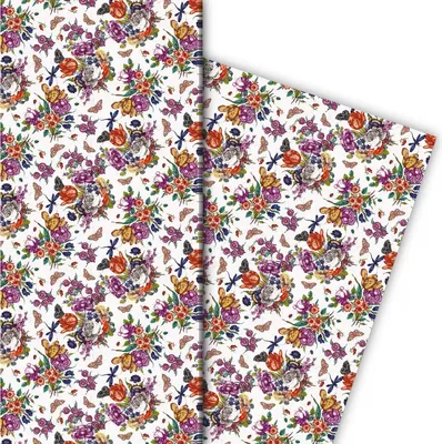 Produktbild von Üppiges Geschenkpapier mit Porzellan Blumen auf weiß - G7730, 32 x 48cm