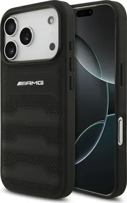 Image de Housse iPhone 17 Pro cuir véritable perforé Mercedes AMG noir logo