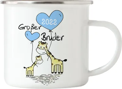 Produktbild von Großer Bruder 2022 Emaille Tasse Ankündigung Schwangerschaft Brüder Kinder Babynews Giraffen Motiv