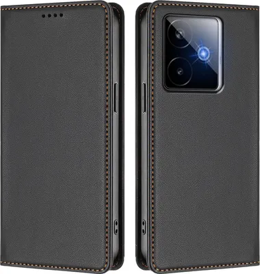 A product image showing a black flip-style phone case from the front and back.