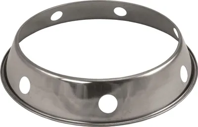 A stainless steel wok ring with holes around the rim.