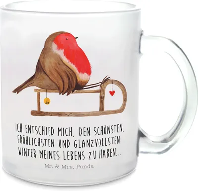 Produktbild von Mr. & Mrs. Panda Teetasse Rotkehlchen Schlitten - Transparent - Geschenk, aus Glas, Häferl, Weihnachten, Motivtasse, Tee Tasse, Vogel, Trinkglas