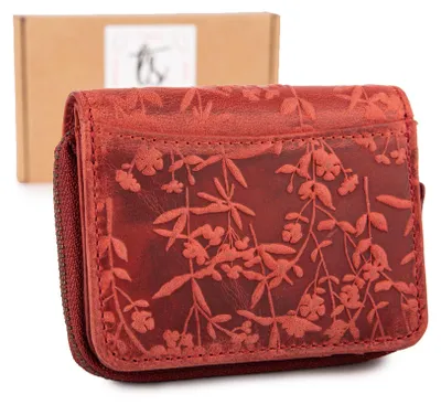 Produktbild von Damen Geldbörse RFID Echtleder Blumenprägung Reißverschluss Klein Rot