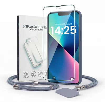 Produktbild von Handyhülle für Apple iPhone 13 mit Handykette und 9H Displayglas Displayschutz Band Kordel Hülle Case Schutzhülle Lavendelblau Blau