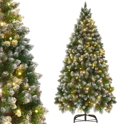 Imagen del producto de Árbol de Navidad artificial LILIIN, 240 cm de altura, con iluminación, nieve artificial y piñas, montaje rápido, incluye soporte para el árbol
