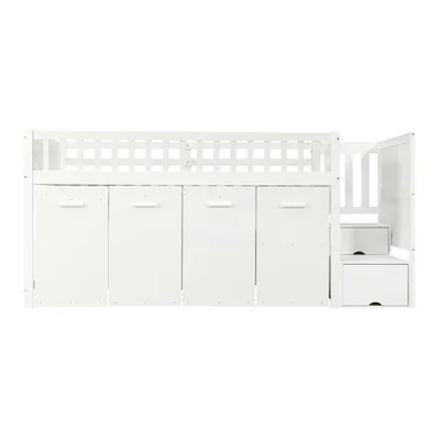 Produktbild von Flieks Etagenbett 90x200cm mit Herausnehmbarem Schreibtisch, Kinderbett Hausbett mit Gaderobe & Schrank, Hochbett mit Treppe, Stockbett Holzbett, Weiß