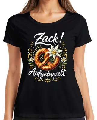 Productafbeelding van Zacht gebakken pretzel, edelweiss, traditioneel Alpendorp, dames T-shirt, zwart, maat L