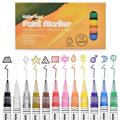 Immagine prodotto di Set di pennarelli acrilici, 12 colori, resistenti all'acqua, punta da 0,7 mm, ideali per decorare pietre, legno, vetro e tessuto