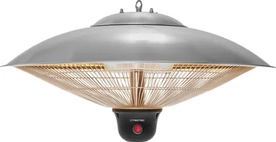 A ceiling-mounted infrared heater with a silver dome and a black base.