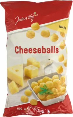Produktbild von Jeden Tag Cheeseballs Pikant würziger Mais Snack mit Käsegeschmack (150g Packung) + usy Block