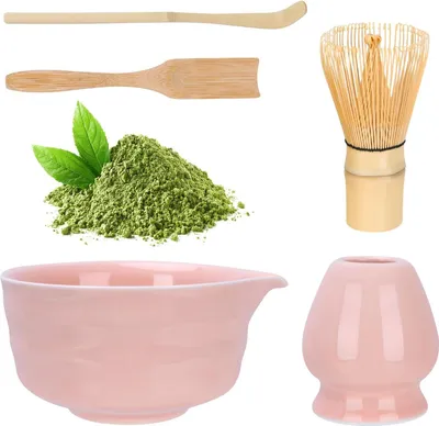 Produktbild von Matcha-Set Rosa mit Matcha Besen Matcha Schale mit Ausgießer Besenhalter aus Keramik und Löffel - 5 Stück Matcha Set Pink für Teeliebhaber Weihnachts