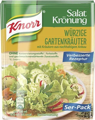 A product package for Knorr salad dressing mix with a picture of a salad.