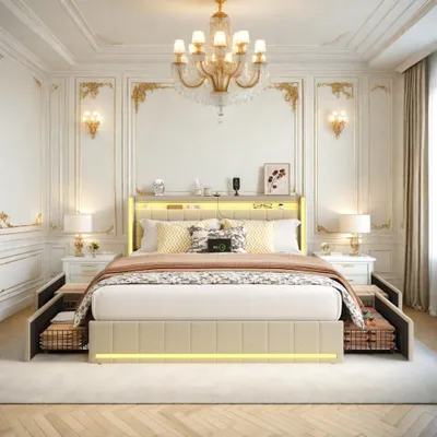 Immagine prodotto di Letto matrimoniale 140x200 cm in lino beige - Testiera e pediera con LED, 4 cassetti in metallo, porte USB e Type-C