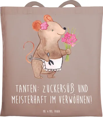 Produktbild von Mr. & Mrs. Panda Shopping Tasche Tante Zuckersüß - Braun Pastell - Geschenk, Verwandtschaft, Neffe, Lächeln, Familie, Schultasche, Nichte, festivaltasche, Laptoptasche