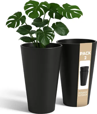 Produktbild von Innen- und Außenpflanztopf - 2 Stück - Balkon und Terrasse - 30 cm dekorativer Kunststoff-Blumentopf - Packung 2 - schwarz