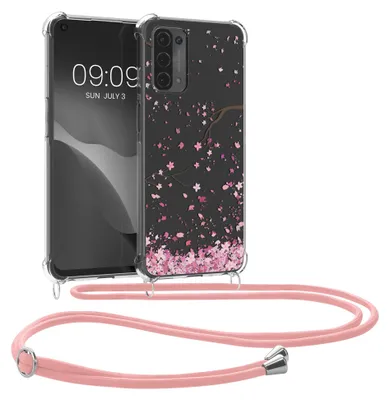 Produktbild von kwmobile Necklace Case kompatibel mit Oppo A74 (5G) / A54 (5G) Hülle - Silikon Cover mit Handykette - Rosa Dunkelbraun Transparent Kirschblütenblätter