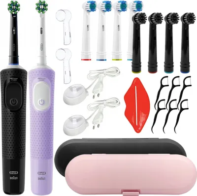 A collection of Oral-B electric toothbrush accessories and cases.