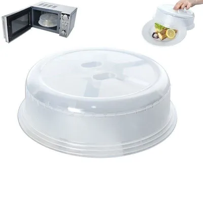 A large, clear plastic microwave cover is shown in the foreground, with smaller inset images showing a microwave with a similar cover inside and a plate of food covered by a similar item.