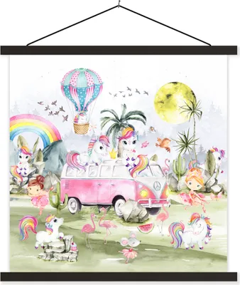 Produktbild von MuchoWow® Textilposter Einhorn - Regenbogen - Kinder - Mädchen - Auto 120x120 cm mit schwarzem Rahmen - Aufhängungsset