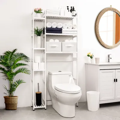 Produktbild von Yorbay Toilettenregal mit 2 Körben, Badregal Badezimmerregal，Bambus WC Regal, 3-stöckiges Verstellbar Badregal mit Wasserdichtes Fußpolster,Platzsparend,Einfache Montage, Weiß