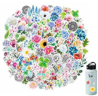 Blumenaufkleber, 100 Stück, verschiedene Motive, mehrfarbig