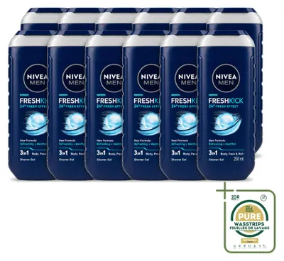 Immagine prodotto di 12 confezioni di gel doccia 3-in-1 Nivea Men Fresh Kick, 250 ml ciascuna - confezione risparmio - 12 pezzi