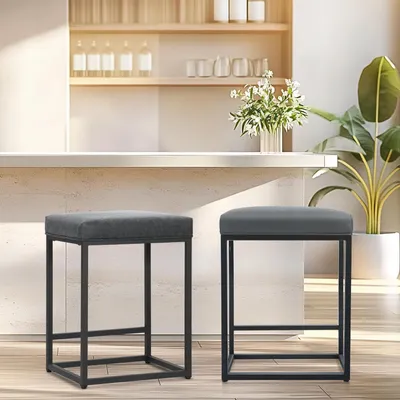 Image de Tabourets de bar avec repose-pieds, revêtus en similicuir, couleur gris, lot de 2