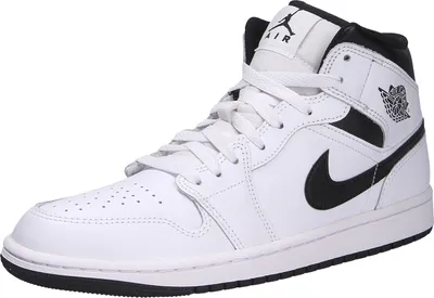A studio shot of a single Nike Air Jordan 1 Mid sneaker against a white background.