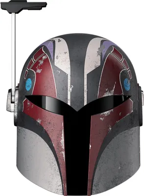 A close-up front view of a Star Wars Sabine Wren electronic helmet.