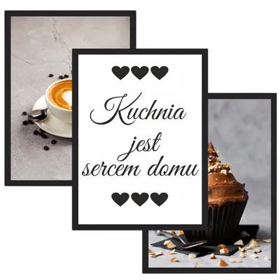 Zdjęcie produktu dla Zestaw plakatów Tryptyk czarne ramki Obrazy na ścianę do Kuchni Kuchenne 3x30x40