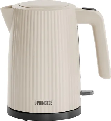 A cream-colored electric kettle with a ribbed texture.
