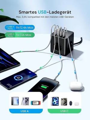 Zdjęcie produktu dla Listwa zasilająca z portami USB, 8 w 1, z włącznikiem, 4 gniazda zasilające z 2 portami USB-A i 2 portami USB-C, wielofunkcyjna listwa zasilająca z kablem 3 metry