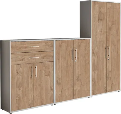 Produktbild von Aktenschrank TABOR 55 in lichtgrau / Gold Harbor Oak, Schrankwand, Büroschrank, abschließbar, Metallgriffe