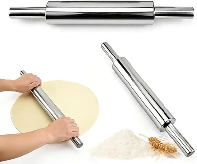 Zdjęcie produktu dla Wałek do ciasta ze stali nierdzewnej, 43 cm, z powłoką nieprzywierającą, higieniczny, z rękojeścią, do pizzy i chleba