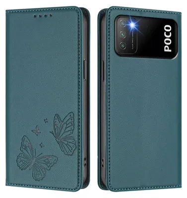Obrázek produktu pro Kožené pouzdro pro Xiaomi Poco M3/Redmi 9T, motýlí ražbou, peněženkové flip pouzdro se stojánkem Zelená