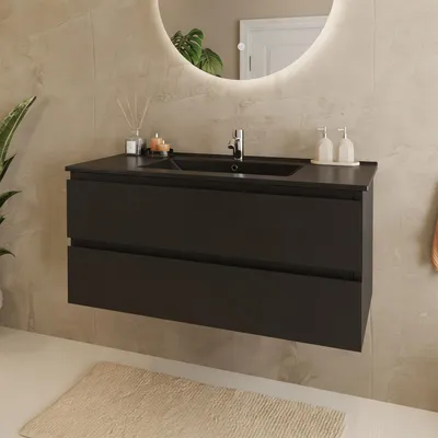 Produktbild von LOMAZOO Badezimmermöbel Mattschwarz 100 cm [MARENZA] - Waschtischunterschränke - Schwarzes Waschbecken - Keramikwaschbecken - Schwebender Waschtischunterschrank
