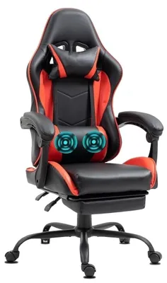 Produktbild von Delman Bürostuhl Gaming Stuhl Massage Gaming Sessel Ergonomischer Gamer Stuhl mit Fußstütze Kopfstütze Gaming Chair Drehsessel 02-0042 Rot