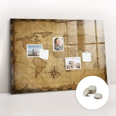 Obrázok produktu pre Magnetická tabuľa na stenu - Memo Tabuľa Sklenená - vrátane 5 magnetov - 100x70 cm - Historická mapa sveta