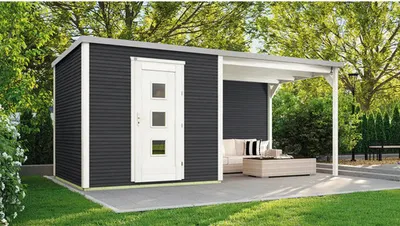 Produktbild von Gartenhaus weka Designhaus 413 B Gr. 1 inkl. selbstklebende Dachfolie, Fußboden, Dachanbau mit Rückwand 560 x 260 cm anthrazit