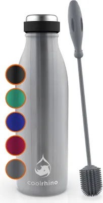 Produktbild von coolrhino Edelstahl-Trinkflasche 500ml, 1L – Kohlensäure geeignete Sportflasche inkl. Reinigungsbürste – BPA frei, Auslaufsicher -Thermosflasche & Teeflasche für Uni, Schule, Fitness, Outdoor, Camping